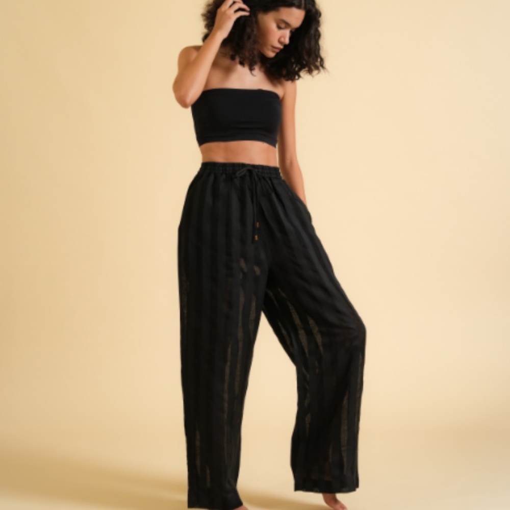 Elegant Black linen Women's Wide-Leg sheer drawstring Pants TURN BLACK